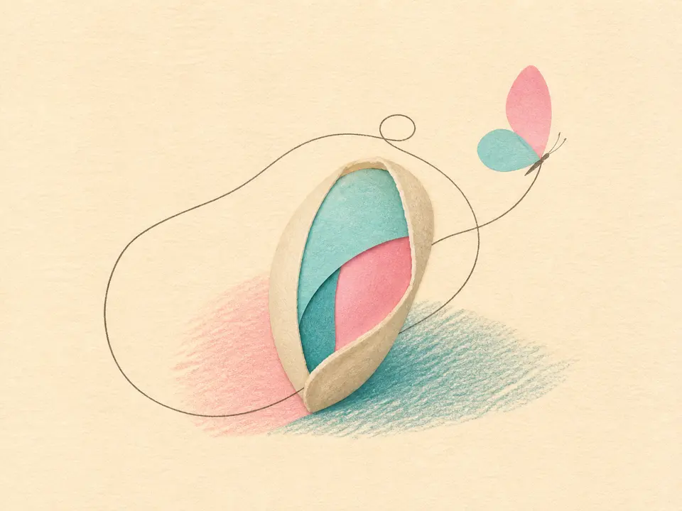 Ilustração de uma linha que atravessa um casulo e encontra uma borboleta.